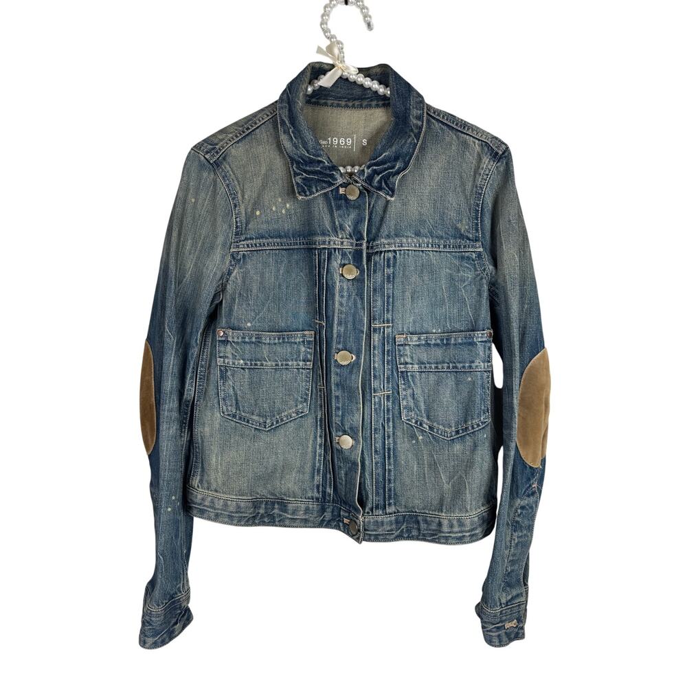 Gap Demin Jacket Distressed Suede Elbow Patch Womens Size S
